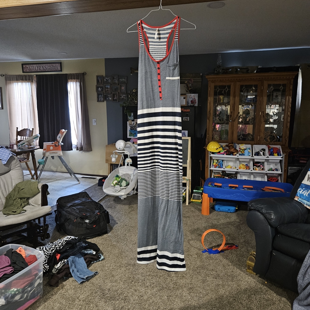 DNA couture Navy and White Striped Tank with Coral Trim